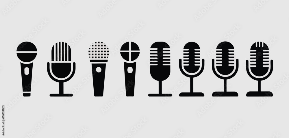 Poster collection of various microphone icons for recording and broadcasting