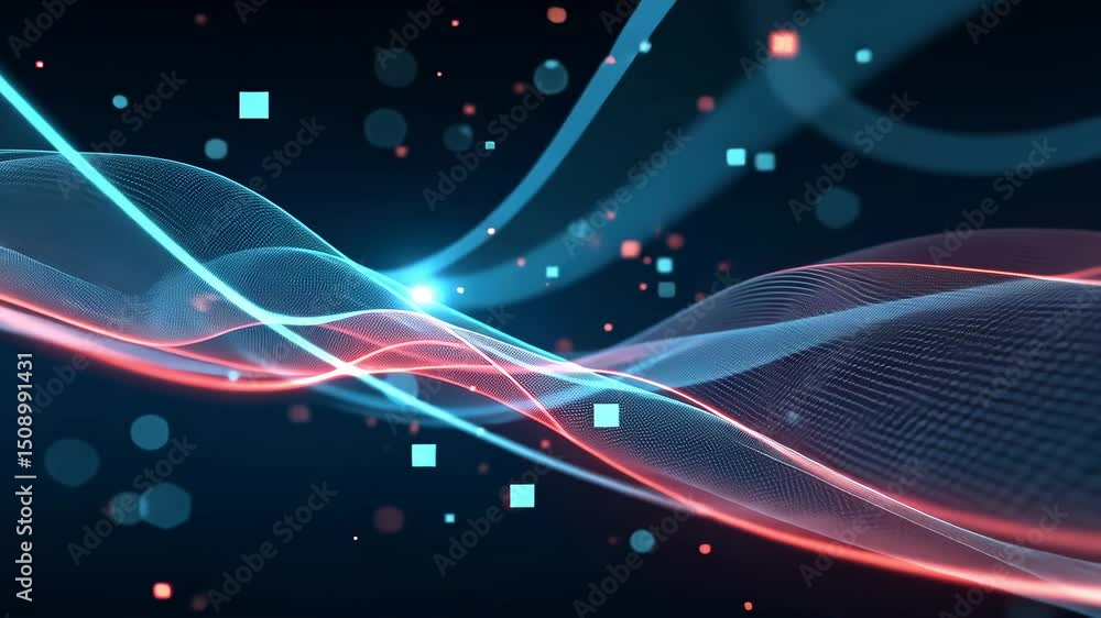 Poster abstract light waves with colorful particles creating dynamic visual effects in dark background