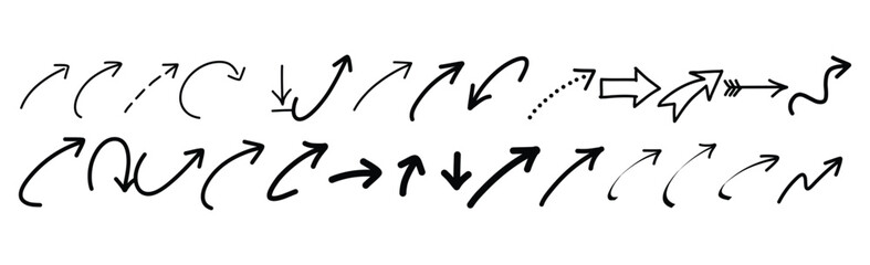 Set of simple lines hand drawn black arrows in various style.