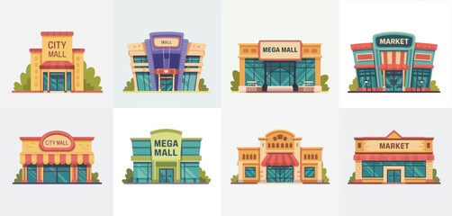 Collection of Colorful City Mall and Market Building Illustrations