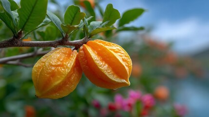 Brightly colored starfruits are growing on a tree branch in a lush garden, surrounded by flowers and greenery. The sunlight enhances their golden hue, making them stand out