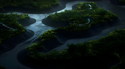 Fototapeta premium Abstract Dark Green Landscape With Glowing Details