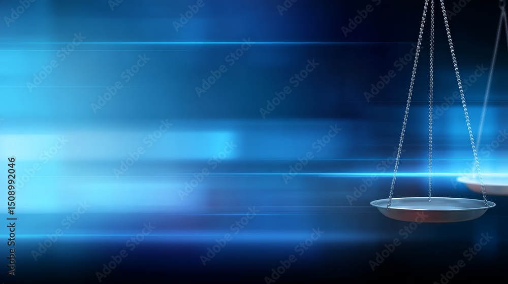 Poster modern digital justice scale with glowing symmetrical lines floating over deep blue tech background 