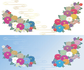 日本風の菊、梅の花と流水紋の背景素材.