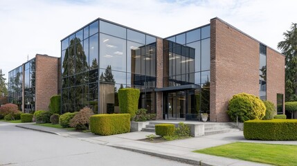 Obraz premium Modern brick office building with large reflective windows and manicured landscaping in urban setting with copy space