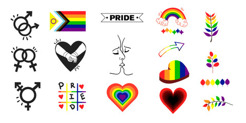 pride month design element set,Love is love,lgbtq community poster,background set,Hand drawn element,Pride flag and heart design collection.