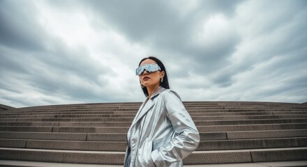 Fototapeta premium Woman in silver jacket and sunglasses stands on outdoor concrete steps against a cloudy sky background. Atmospheric portrait with a focus on fashion and sky.
