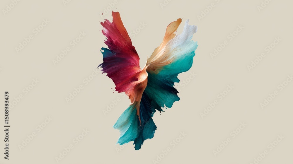 Aufkleber Vibrant abstract bird shape formed by bold color splashes in symmetrical composition with neutral background