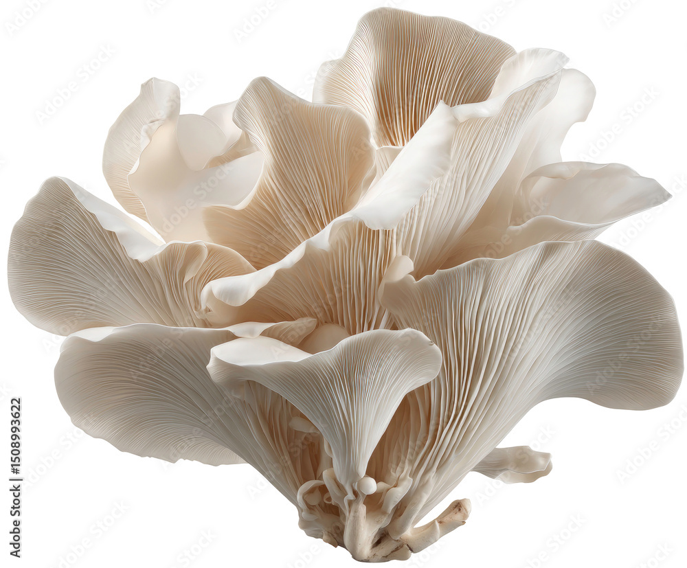 Poster elegant oyster mushroom cluster showing delicate gills and texture on transparent background