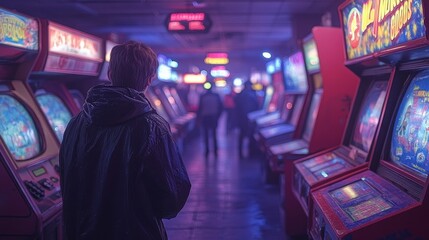 A retro 80s arcade, with neon lights, classic video games flashing on screens, and people dressed in vibrant, vintage clothing playing games amidst a nostalgic atmosphere. --ar 16:9 --stylize 750 --v 