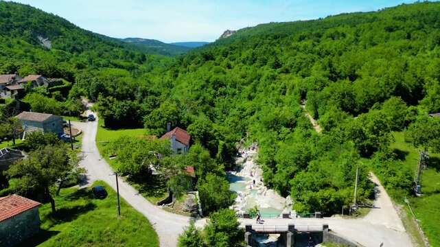 Aerial view of Kotli village and waterfalls on the Seven Waterfalls Trail (Staza 7 slapova) in Istria, Croatia &ndash; stunning nature, green canyon, and historic stone architecture