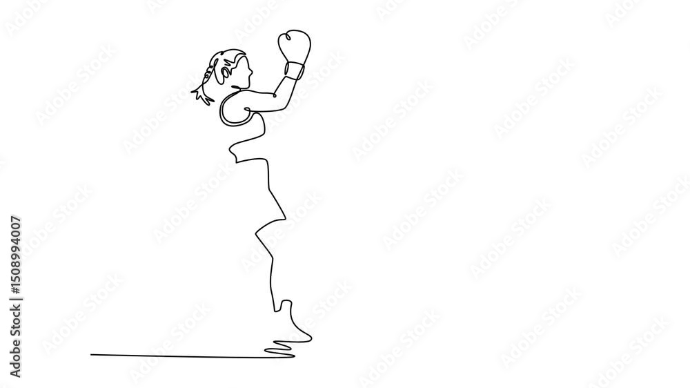 Poster animated self drawing of continuous line draw determined woman with sweating strong body practicing 