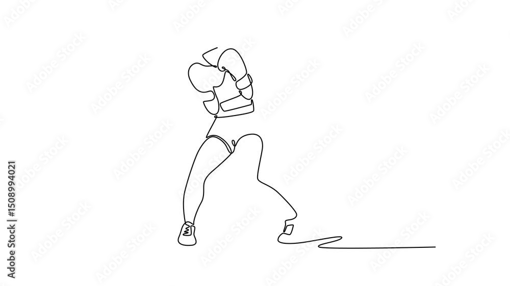 Poster animated self drawing of continuous line draw female boxer practicing dodging punch during training 