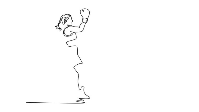 Animated self drawing of continuous line draw determined woman with sweating strong body practicing uppercut punch. Attractive boxing athlete in motion, body, strength. Full length one line animation