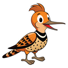 An expressive orange cartoon flicker bird stands playfully with its beak open wide