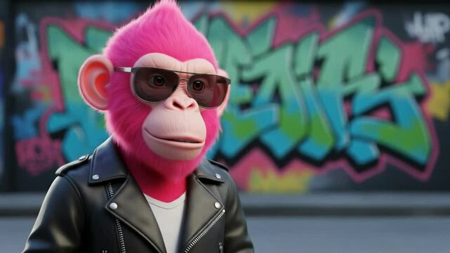 Pink monkey with sunglasses and graffiti
