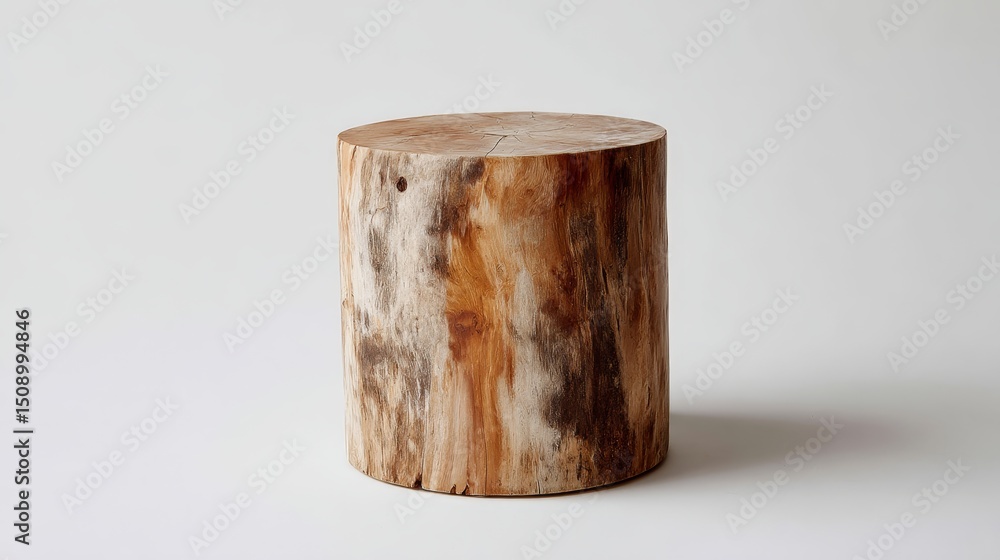 Poster frontal studio shot of a rustic natural wooden log stool with textured grain and warm tones, isolate