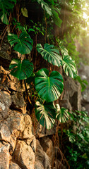 Lush green Monstera leaves climb a rugged rock wall in a tropical forest, creating an exotic, vibrant display of nature's beauty.