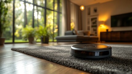 A robotic vacuum cleaner navigating a high-tech smart home.