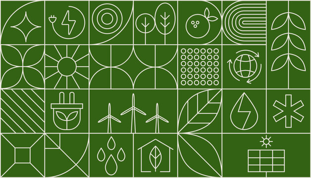 Environment nature abstract modern geometric pattern. Vector green eco-friendly grid ornament with environmental sustainability icons. Plants, trees, water droplets, recycling symbols, leaves, globe.