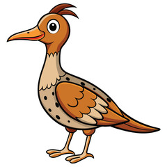 Cartoon brown bird stands prominently with its feathers and distinct markings on white