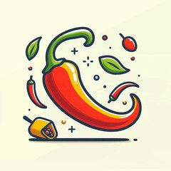 Stylized illustration of a red chili pepper with leaves seeds and geometric shapes set against a plain backdrop
