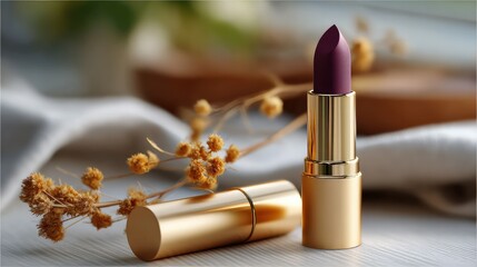 Deep Plum Lipstick: A luxurious deep plum lipstick in a gold tube, elegantly presented on a neutral background with dried flowers.