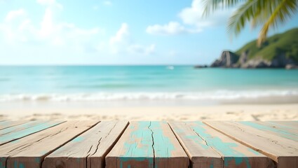 Fototapeta premium Wooden Tabletop with Blurred Ocean and Island Background in Summer Light, Wooden table on the background of the sea, island and the blue sky. Wooden planks extend across the foreground, with a blurry 
