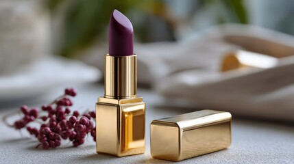 Glamorous Lip Maven: An inviting high-angle shot of a glamorous lipstick with a plum shade, ready to grace the lips. The rich color of the lipstick, combined with the delicate gold casing.