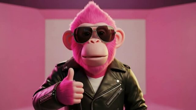 Pink monkey wearing sunglasses and jacket
