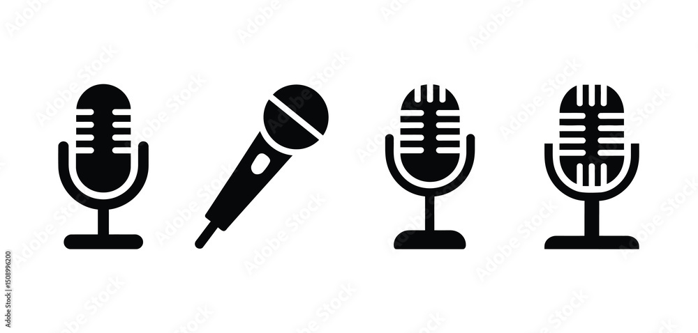 Poster collection of microphone icons for audio recording and broadcasting
