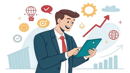 Fototapeta premium Smiling Businessman with Tablet and Business Icons.
