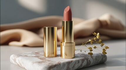 Glamour Essence: An elegant lipstick presentation with a natural aesthetic, a touch of sophistication and beauty for the discerning user, enhanced by soft lighting and minimalistic elements.