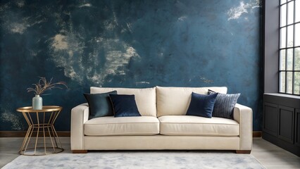Sophisticated Living Room with Textured Blue Wall and Cream Sofa.