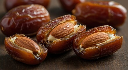 Obraz premium Dates Stuffed with Almonds Close-Up Showing Sweet Dessert, Healthy Snack, and Natural Energy Boost with Nutrition Value