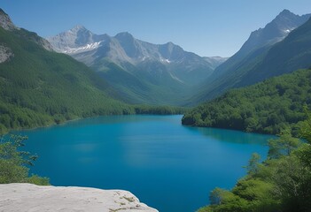 Obraz premium Scenic view of Morskie Oko lake surrounded by lush green Tatra Mountains, rocky cliffs, and pine forest under a cloudy sky—perfect nature escape.