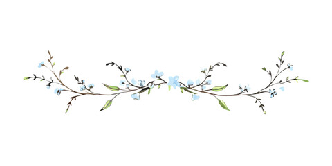 Hand-drawn floral divider with blue flowers and green leaves  