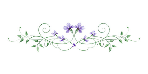 Decorative border design with delicate purple violets and greenery