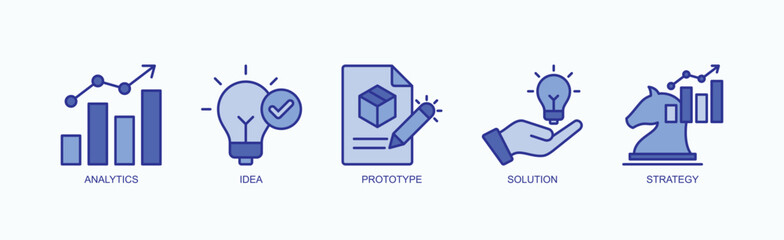 Creative Strategy Toolkit Icon Set Isolated Vector With Icon Of Analytics, Idea, Prototype, Solution, Strategy In Blue Style