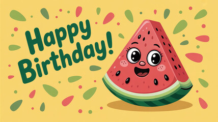 Happy Birthday Watermelon Slice Cute Cartoon Illustration
