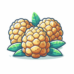 Three custard apples nestled among vibrant green leaves defined by their unique segmented texture