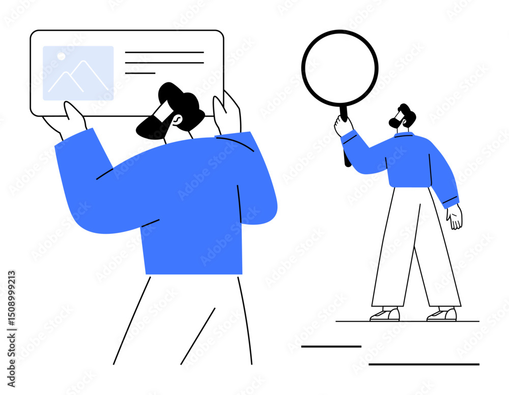 Poster two figures examining data one holds an image card while the other checks details with a magnifying 