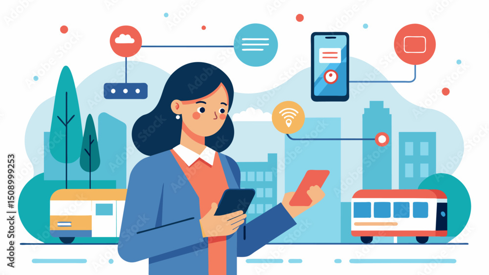 Poster a commuter confidently using a transport mobile app to plan her route powered by data from the publi