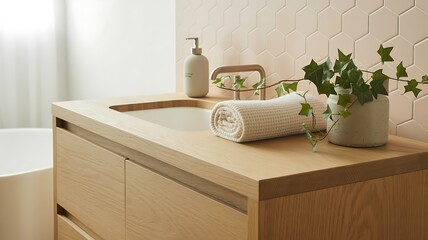 Natural Minimalism in Bathroom Still Life Modern bathroom vanity with a rolled towel and greenery