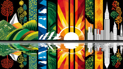 A Palette of Reflections: A vibrant artwork showcases a harmonious blend of nature and urban landscapes, each segment mirroring its counterpart below.