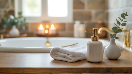 Natural Minimalism in Bathroom Still Life Modern bathroom spa, candles, eucalyptus, towels