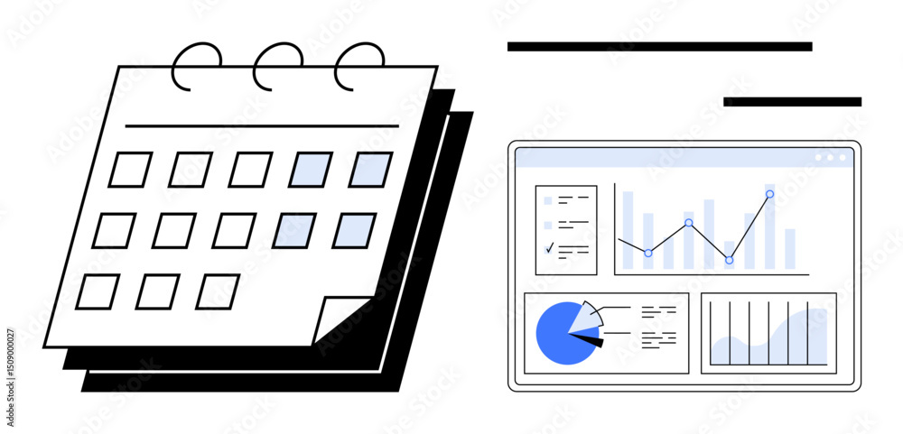 Aufkleber calendar with detached pages and digital dashboard featuring charts, graphs, and data insights. idea