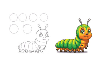 Obraz premium Adorable Cartoon Caterpillar Drawing Tutorial Step-by-Step Guide for Kids