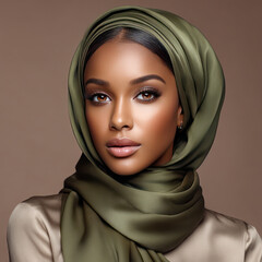 Naklejka premium beautiful African American woman with sleek hair wearing green hijab, elegance and confidence. Her makeup her natural beauty, creating striking look