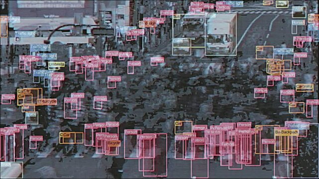 4K AI-powered object recognition system detecting dense crowd in city crosswalk, bounding boxes over vehicles and people, digital HUD overlay motion graphics, screen mode, cyber surveillance analytics